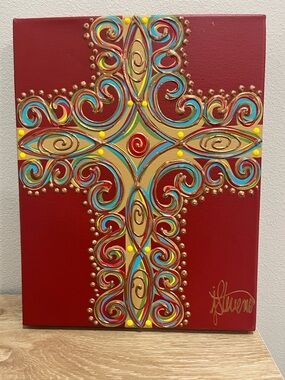 Brushfire Designs Hand painted "Cross" Copper Red Teal  Painting  14” X 11”